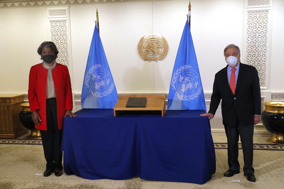 New U.S. Ambassador to the United Nations, Linda Thomas-Greenfield presents her credentials to U.N. Secretary General Antonio Guterres at U.N. headquarters, Thursday, February 25, 2021. (Mike Segar, Pool Photo via AP)