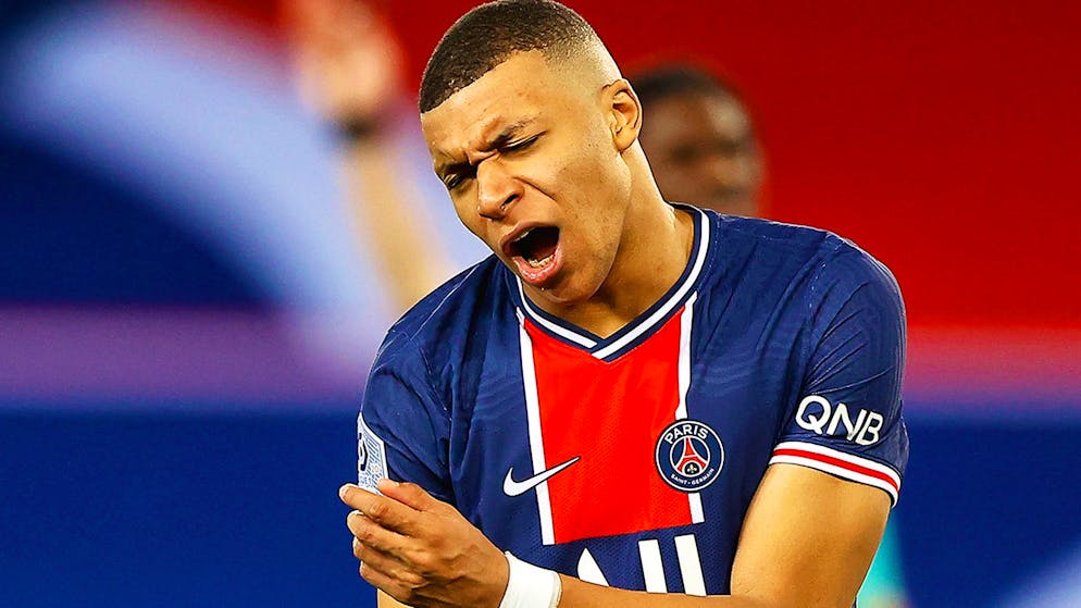 epa09028807 Kylian Mbappe of Paris Saint-Germain reacts during the French Ligue 1 soccer match between Paris Saint-Germain (PSG) and AS Monaco in Paris, France, 21 February 2021. EPA/IAN LANGSDON