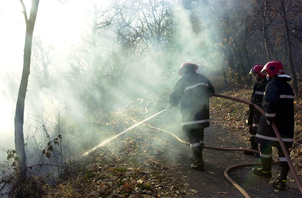 13-02-2001- Pedrinate, incendio bosco . Nella foto: pompieri nel
fitto fumo organizzano i lavori di spegnimento del fuoco appiccato
nel bosco sopra il paese di Pedrinate. Digitalfoto Ti-Press/
Francesca Agosta 2001