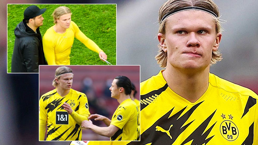 COLOGNE, GERMANY - MARCH 20: Erling Haaland of Dortmund reacts during the Bundesliga match between 1. FC Koeln and Borussia Dortmund at RheinEnergieStadion on March 20, 2021 in Cologne, Germany.  (Photo by Lars Baron / Getty Images)