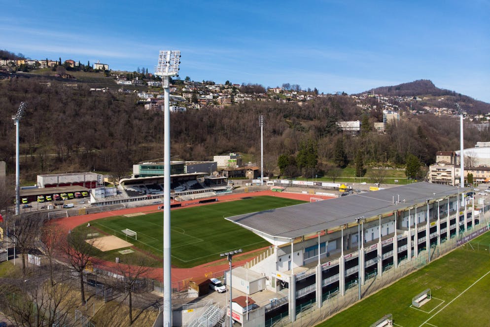 Una veduta panoramica aerea dello Stadio di Cornaredo (Polo SPortivo di Lugano).