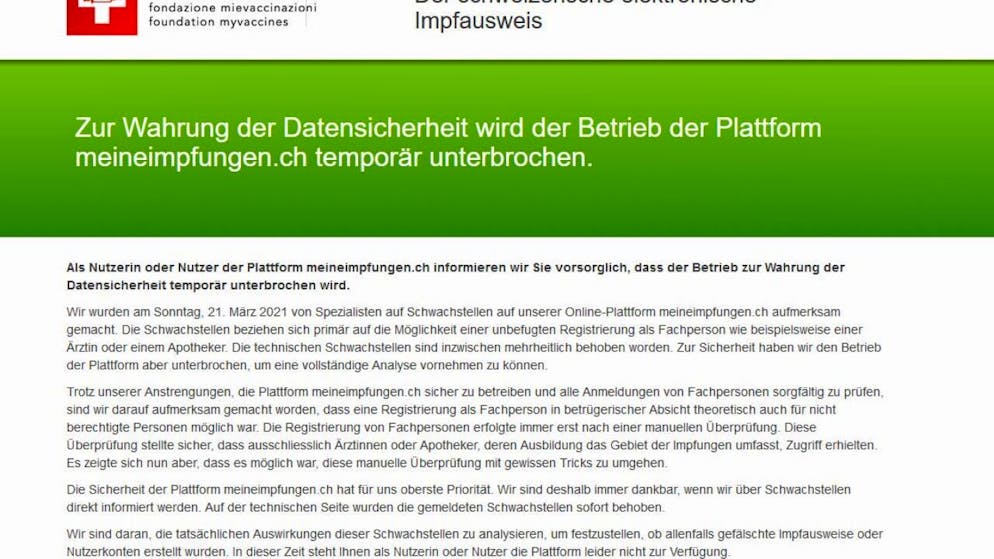 Die Webseite der elektronischen Impfplattform meineimpfungen.ch ist weiterhin offline.