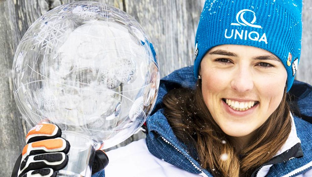 Petra Vlhova of Slovakia poses after winning the women's Overall crystal globe at the FIS Alpine Skiing World Cup finals, in Parpan-Lenzerheide, Switzerland, Sunday, March 21, 2021. (KEYSTONE/Jean-Christophe Bott)