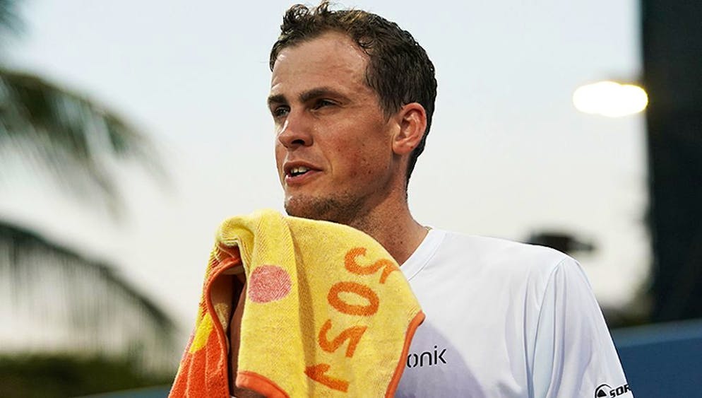 MIAMI GARDENS, FL - MARCH 24: Vasek Pospisil (CAN) during the first round match of the Miami Open on March 24, 2021, at Hard Rock Stadium in Miami Gardens, Florida. (Photo by Michele Sandberg/Icon Sportswire via Getty Images)