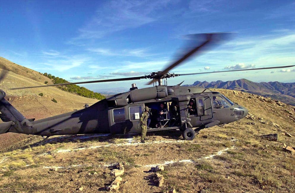 A Turkish military helicopter takes off near Kutu Deresi valley in the eastern province of Tunceli in this Oct. 12, 2000 photo. More than 1,000 Turkish soldiers backed by helicopter gunships were combing a rocky, mountainous area of Turkey's east on Tuesday, July 12, 2005, searching for a soldier kidnapped by Kurdish rebels a day before, local officials said. (KEYSTONE/AP Photo/Burhan Ozbilici)