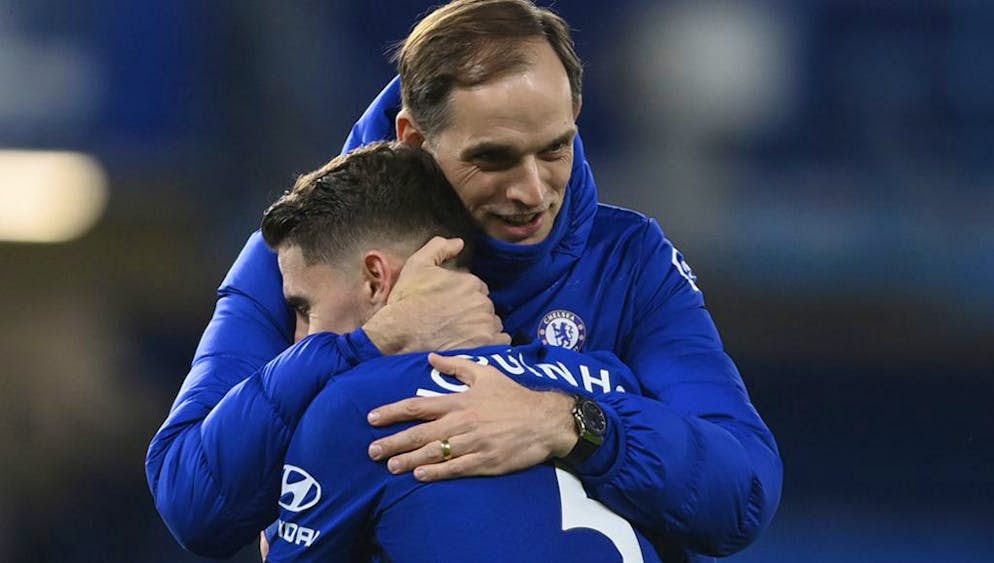 Thomas Tuchel, hier mit Torschütze Jorginho, ist als Chelsea-Coach noch ungeschlagen.
