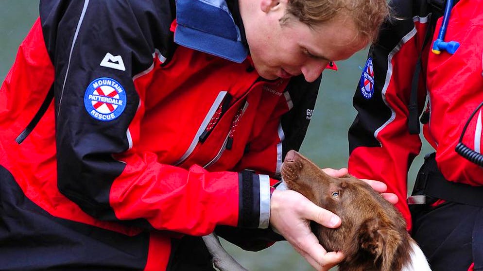 Britain's Prince William greets a dog trained for rescue work during a fell walk in Cumbria's Lake district, England accompanied by a group of young people helped by the charity Centrepoint and volunteers from the Mountain Rescue service Friday July 24, 2009. Prince William is a patron of Centrepoint, a charity for young homeless people and of the Mountain Rescue in England and Wales. They also raised a London 2012 flag to mark three years until the start of the Olympics. (AP Photo/John Giles, Pool)