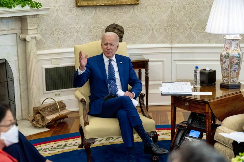 President Joe Biden speaks during a meeting with members of the Congressional Asian Pacific American Caucus Executive Committee at the White House in Washington, Thursday, April 15, 2021. (AP Photo/Andrew Harnik)