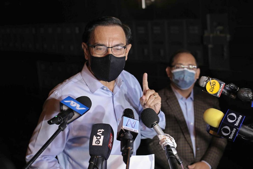 epa09140743 Former Peruvian President Martin Vizcarra (2018-2020) offers statements to the press outside his home, in Lima, Peru, 16 April 2021. Vizcarra was disqualified from holding any public office for ten years by the Peruvian Congress, for being secretly vaccinated against COVID-19 last year. EPA/John Reyes