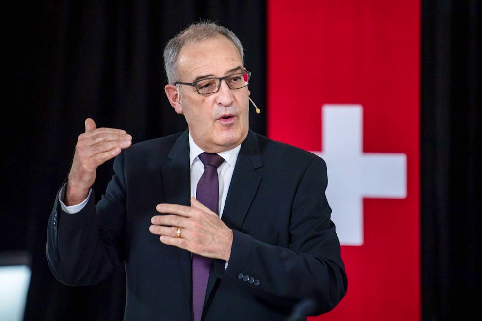 Guy Parmelin, President de la Confederation, parle lors de l'Assemblee des delegues de l'UDC Suisse sous forme numerique le samedi 27 mars 2021 a Neuchatel. (KEYSTONE/Jean-Christophe Bott)
