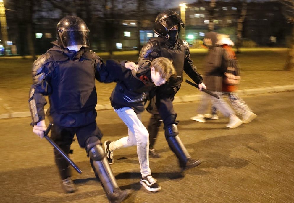 Police detain a man during a protest in support of jailed opposition leader Alexei Navalny in St. Petersburg, Russia, Wednesday, April 21, 2021. Large numbers of people have been detained across the country in connection with the protests.(AP Photo/Dmitri Lovetsky)