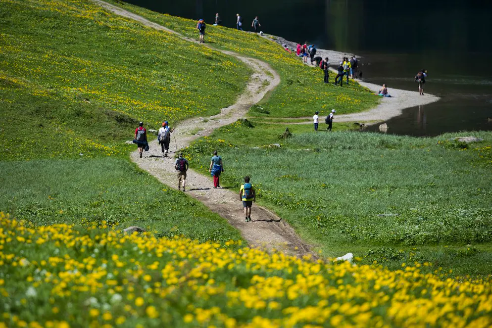Touristen sind unterwegs am Seealpsee, einem beliebten Ausflugsziel im Alpstein-Gebirge.