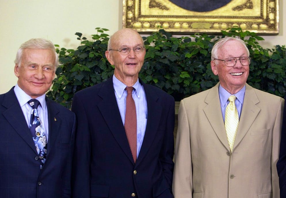 ADVANCE FOR USE SATURDAY, JULY 13, 2019 AND THEREAFTER-In this July 20, 2009 file photo, Apollo 11 astronauts, from left, Buzz Aldrin, Michael Collins and Neil Armstrong stand in the Oval Office at the White House in Washington, on the 40th anniversary of the mission's moon landing. (AP Photo/Alex Brandon)