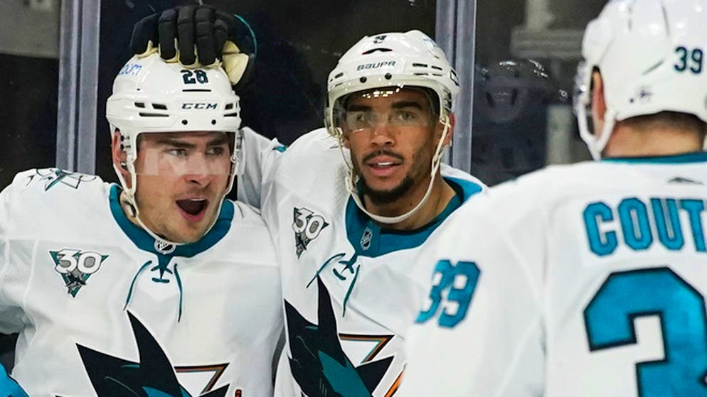 San Jose Sharks right wing Timo Meier (28) celebrates with teammates after scoring against the Vegas Golden Knights during the third period of an NHL hockey game Monday, March 15, 2021, in Las Vegas. (AP Photo/John Locher)