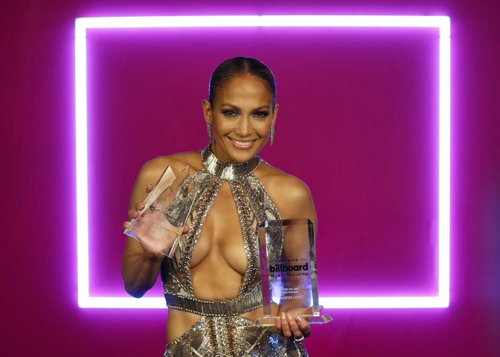 Singer Jennifer Lopez appears back stage with her awards at the Latin Billboard Awards, Thursday, April 27, 2017 in Coral Gables, Fla. (AP Photo/Wilfredo Lee)