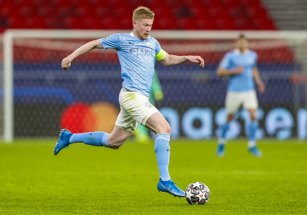 Manchester City's Kevin De Bruyne during the Champions League round of 16 second leg soccer match between Manchester City and Borussia Moenchengladbach at the Puskas Arena in Budapest, Hungary, Tuesday, March 16, 2021. (AP Photo/Laszlo Balogh)