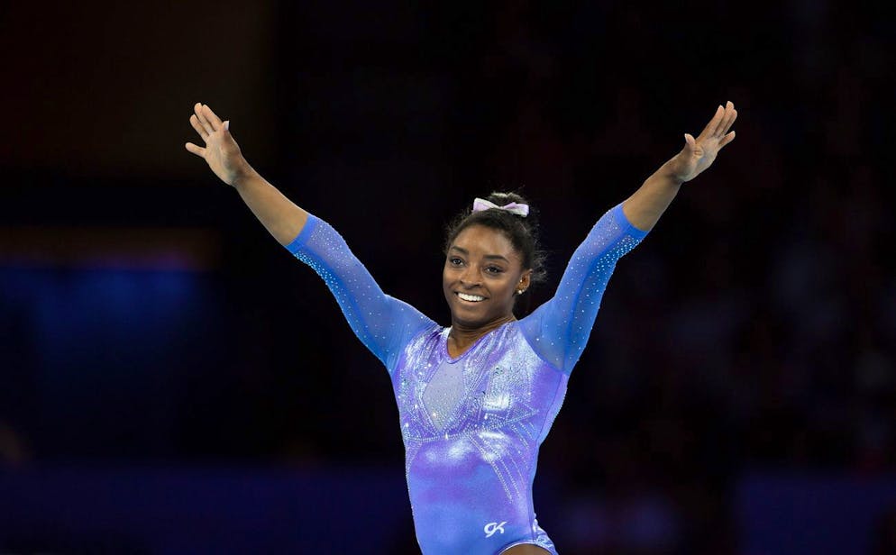 epa07918045 Simone Biles of USA reacts during the Floor women's Apparatus Final at the FIG Artistic Gymnastics World Championships in Stuttgart, Germany, 13 October 2019. EPA/DANIEL KOPATSCH