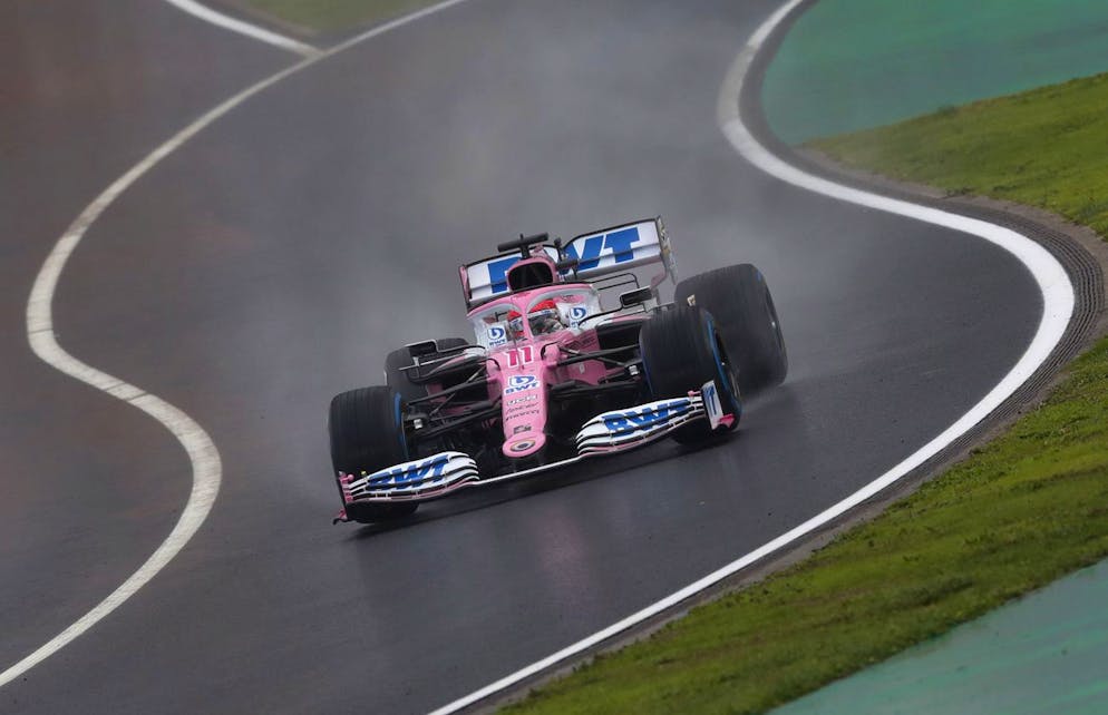 Racing Point driver Sergio Perez of Mexico steers his during the qualifying session at the Istanbul Park circuit racetrack in Istanbul, Saturday, Nov. 14, 2020. Perez got the third position and teammate Racing Point driver Lance Stroll of Canada won the pole position for the Formula One Turkish Grand Prix that will take place on Sunday. (Murad Sezer/Pool via AP)