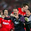 Liverpool's Jerzy Dudek, center, celebrates after saving from Andriy Shevchenko to win a penalty shootout at the end of the UEFA Champions League Final between AC Milan and Liverpool at the Ataturk Olympic Stadium in Turkey, Istanbul Wednesday May 25, 2005. Liverpool won 3-2 on penalties after the match finished 3-3 after extra time. (KEYSTONE/AP Photo/Luca Bruno)