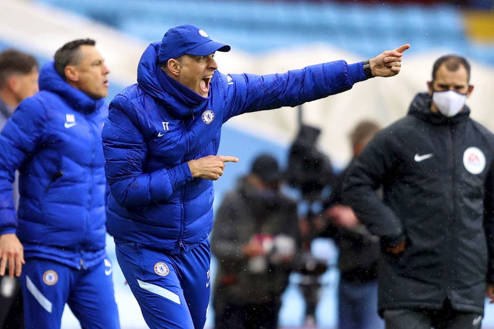 Chelsea's head coach Thomas Tuchel shouts during the English Premier League soccer match between Aston Villa and Chelsea, at Villa Park stadium in Birmingham England, Sunday, May 23, 2021. (Richard Heathcote/Pool via AP)