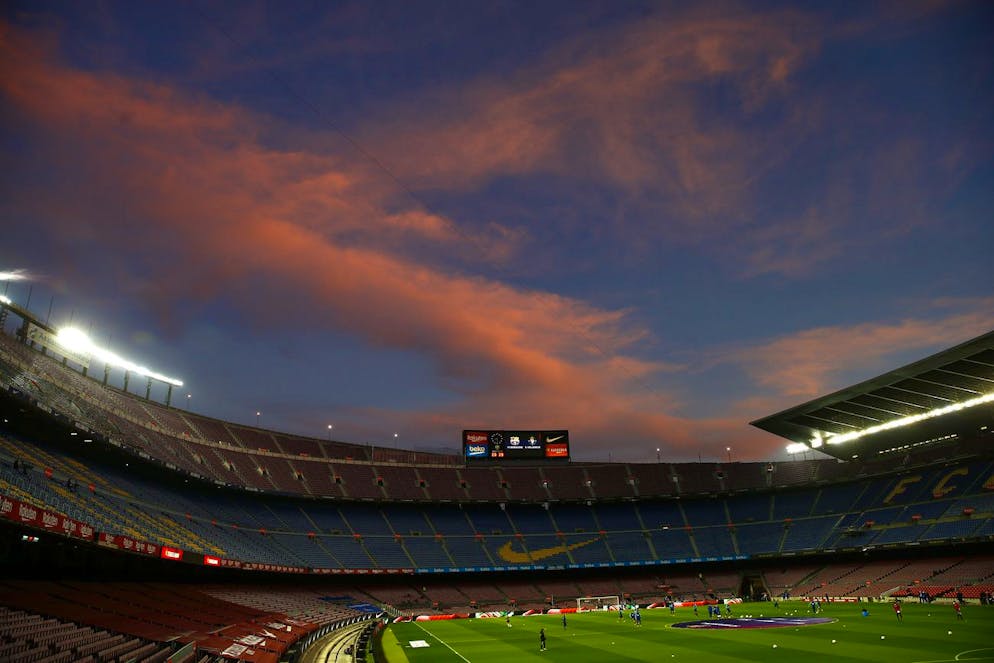 A general view of the the Camp Nou stadium as the sun sets ahead of the Spanish La Liga soccer match between FC Barcelona and Valladolid CF in Barcelona, Spain, Monday, April 5, 2021. (AP Photo/Joan Monfort)