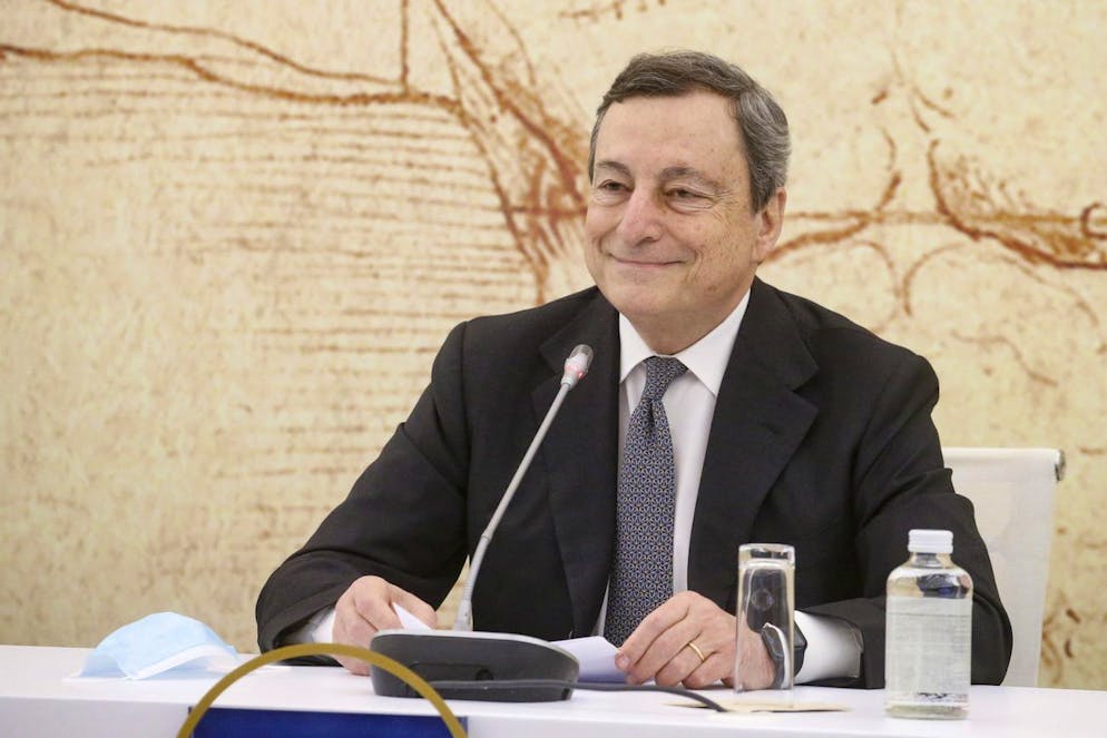 epa09177424 Italian Prime Minister Mario Draghi attends a press conference at the end of a G20 ministerial meeting on tourism, in Rome, Italy, 04 May 2021. EPA/FABIO FRUSTACI