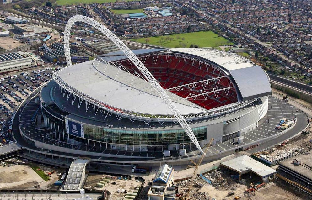 An aerial view of the new Wembley Stadium in north west London, Sunday March 11, 2007. The new Wembley is way over budget and opened almost two years late. While the cost sounds like a waste of money, the final product was worth the wait. The first competitive match will be played at the new Wembley on Saturday March 24, 2007. (AP Photo/Lewis Whyld)