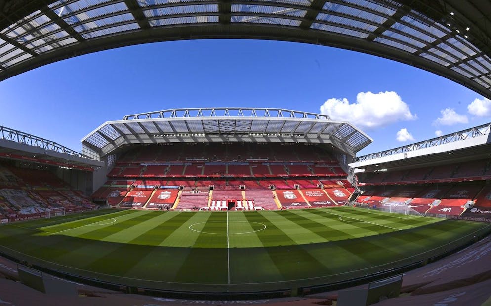 A general view ahead of the English Premier League soccer match between Liverpool and Aston Villa at Anfield stadium in Liverpool, England, Saturday, April 10, 2021. (Laurence Griffiths/Pool via AP)