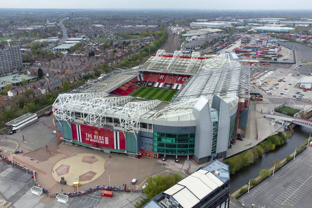 Manchester United's Old Trafford Stadium is seen after the collapse of English involvement in the proposed European Super League, Manchester, England, Wednesday, April 21, 2021. Manchester United executive vice-chairman Ed Woodward will step down from his role at the end of 2021 an announcement which came before Manchester United, along with the other five Premier League sides involved in the proposed European Super League (ESL), withdrew from the competition. (AP Photo/Jon Super)