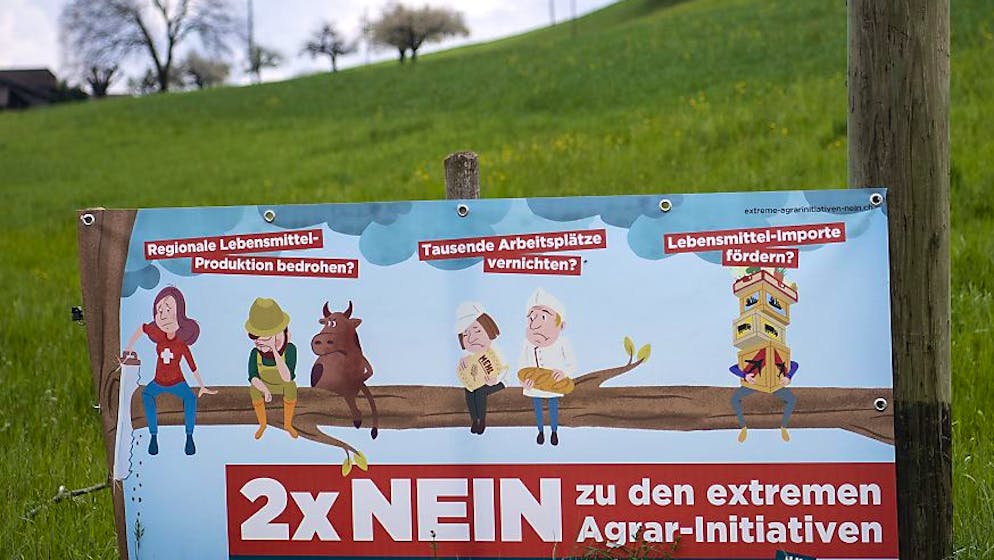 Wenig Freude über die Trinkwasser- und Pestizidinitiative haben die Bauern: Abstimmungspropaganda auf einem Feld in Uebeschi BE.