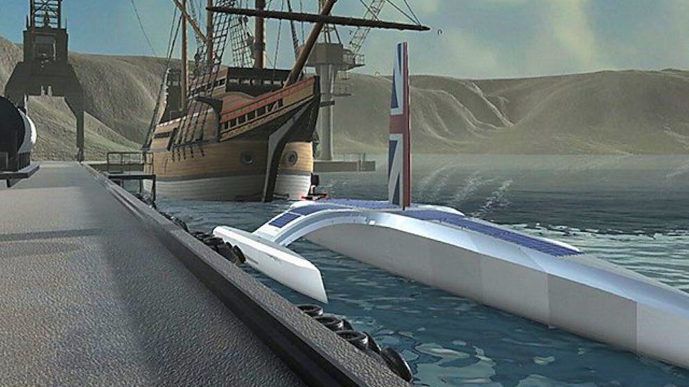 Zwei Arten, den 400. Jahrestag der Amerikafahrt der Mayflower zu zelebrieren: Hinten eine Replik des historischen Auswandererschiffs, vorne ein vollständig automatisierter Trimaran, der ganz ohne den Menschlichen Faktor auskommt. (Bild www.mayflower400uk.org)