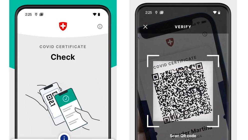 Das Covid-Zertfikat kann mit einen zweiten App auf Echtheit überprüft werden.