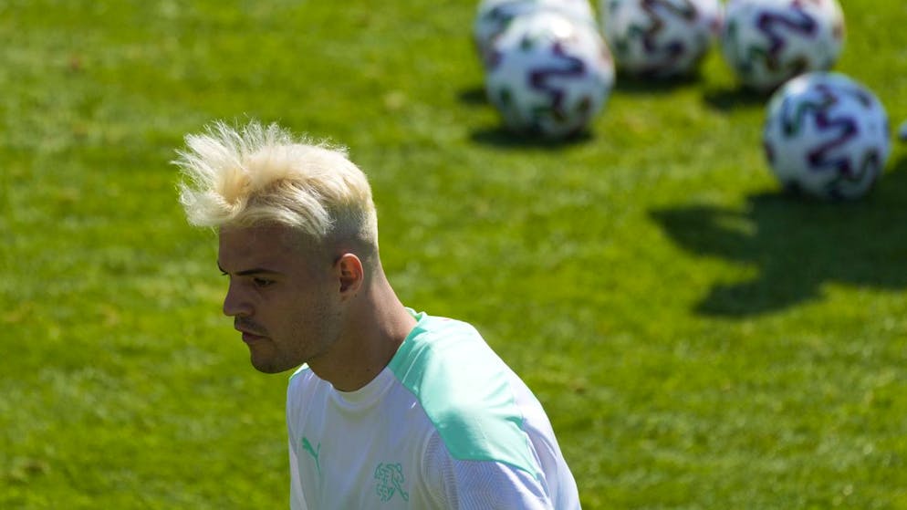Switzerland's Granit Xhaka attends a training session, in Rome, Tuesday, June 15, 2021, the day before the Euro 2020 soccer championship group A match between Italy and Switzerland. (AP Photo/Alessandra Tarantino)