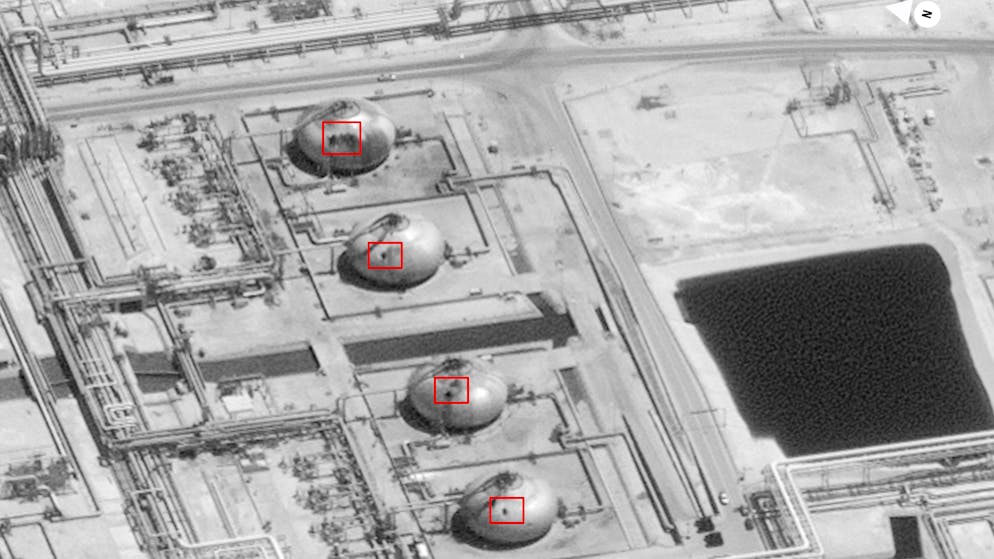 This image provided on Sunday, Sept. 15, 2019, by the U.S. government and DigitalGlobe and annotated by the source, shows damage to the infrastructure at Saudi Aramco's Abaqaiq oil processing facility in Buqyaq, Saudi Arabia. The drone attack Saturday on Saudi Arabia's Abqaiq plant and its Khurais oil field led to the interruption of an estimated 5.7 million barrels of the kingdom's crude oil production per day, equivalent to more than 5% of the world's daily supply. (U.S. government/Digital Globe via AP)