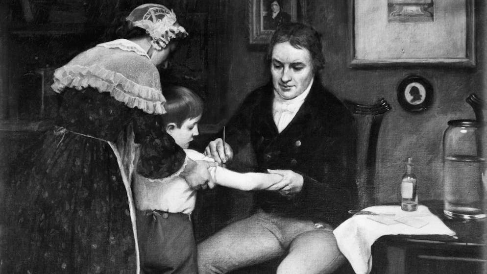 (Original Caption) Dr. Edward Jenner (1749-1823), British physician performing his first vaccination on James Phipps, a boy of eight, on May 14, 1796. Painting by E. Board in the Welcome Museum, London. Undated painting.