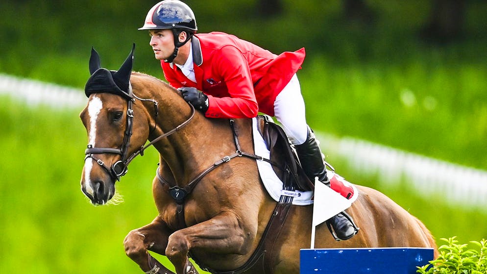 Bryan Balsiger of Switzerland on Twentytwo Des Biches during the ?Longines Grand Prix der Schweiz?, a competition with price money of 150?000 Euro, at the CSIO Show horse jumping, on Friday, June 4, 2021, in St. Gallen, Switzerland. (KEYSTONE/Gian Ehrenzeller).
