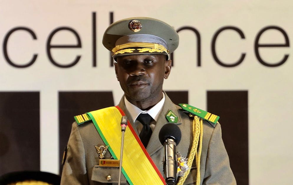 epa09253165 Mali transitional President Colonel Assimi Goita during his swearing-in ceremony in Bamako, Mali, 07 June 2021. Assimi Goita was sworn in during a ceremony in the capital and has set February 2022 for elections after removing the former transitional president two weeks ago. EPA/HADAMA DIAKITE