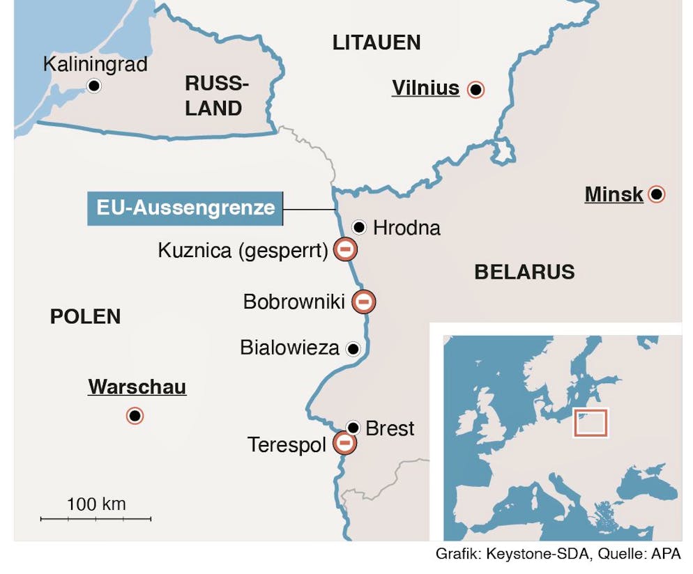 GRAFIK --- Karte Grenzregion Belarus-Polen-Litauen (90 x 94mm hoch) vom Dienstag, 9. November 2021 (KEYSTONE/Gerhard Riezler)