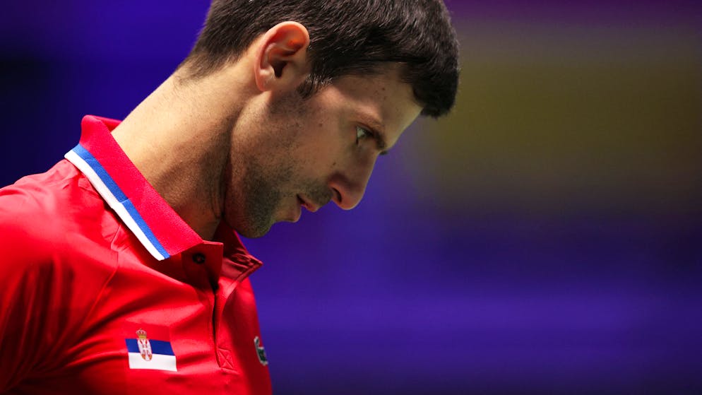 INNSBRUCK, AUSTRIA - NOVEMBER 27: Novak Djokovic of Serbia looks on during the Davis Cup match between Novak Djokovic of Serbia and Jan-Lennard Struff of Germany at OlympiaWorld on November 27, 2021 in Innsbruck, Austria. (Photo by Adam Pretty/Getty Images)
