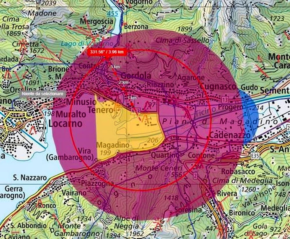 Il raggio di 5 km attorno all'aeroporto in cui è proibito far volare dei droni senza autorizzazione specifica di Skyguide.