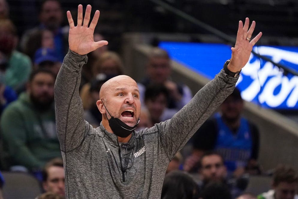 Dallas Mavericks head coach Jason Kidd yells from the sidelines during second half of an NBA basketball game in Dallas, Monday, Jan. 3, 2022. (AP Photo/LM Otero)