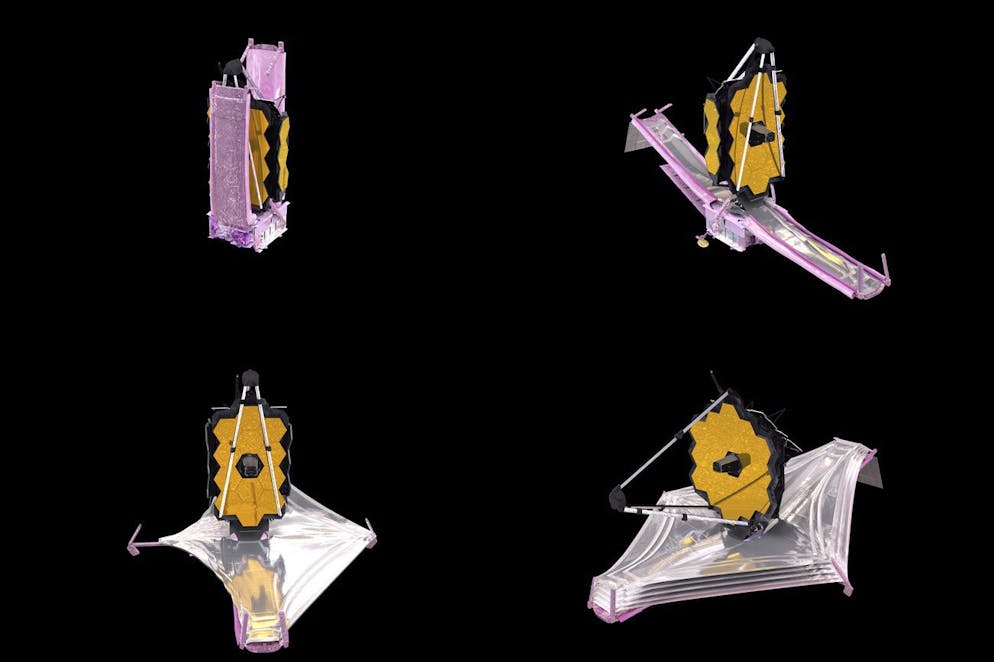 Cette combinaison d'images d'une animation mise à disposition par la NASA en décembre 2021 montre le déroulement des composants du télescope spatial James Webb. Webb est si gros qu'il a dû être plié à la manière d'un origami pour s'insérer dans le cône de nez de la fusée Ariane. 