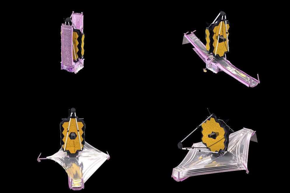 Cette combinaison d'images d'une animation mise à disposition par la NASA en décembre 2021 montre le déroulement des composants du télescope spatial James Webb. Webb est si gros qu'il a dû être plié à la manière d'un origami pour s'insérer dans le cône de nez de la fusée Ariane.