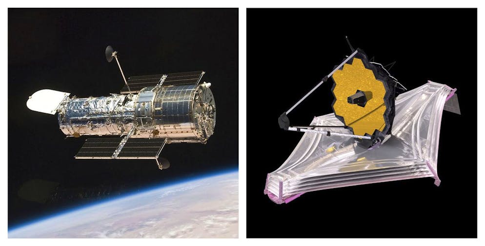 Cette combinaison d'images mises à disposition par la NASA montre le télescope spatial Hubble en orbite autour de la Terre et une illustration du télescope spatial James Webb. Avec la NASA et Hubble de l'Agence spatiale européenne poussant 32 ans en orbite, le Webb plus gros et 100 fois plus puissant est largement considéré comme son successeur, même si les deux sont très différents.