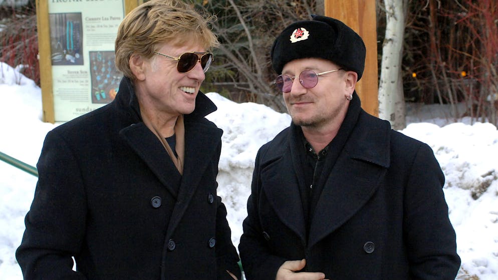 (EXCLUSIVE, Premium Rates Apply) PARK CITY, UT - JANUARY 20:  President and Founder of Sundance Institute Robert Redford and Bono of U2 during the 2008 Sundance Film Festival at the Sundance Resort on January 19, 2008 in Park City, Utah.  (Photo by Fred Hayes/WireImage) 