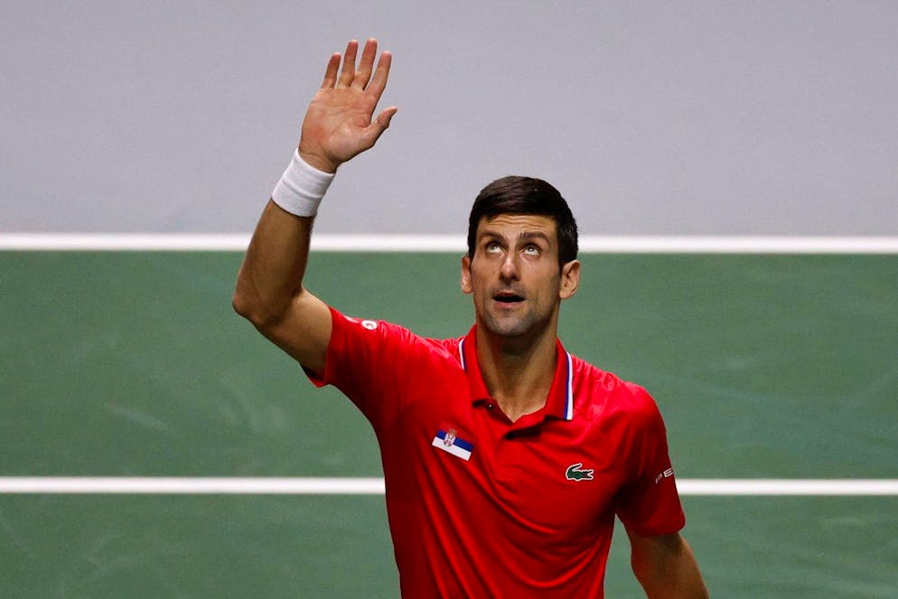 epa09615212 Novak Djokovic of Serbia celebrates winning against Alexander Bublik of Kazakhstan during the round-of-16 Davis Cup tie between Kazakhstan and Serbia held at Madrid Arena tennis complex in Madrid, central Spain, 01 December 2021. EPA/JUANJO MARTIN