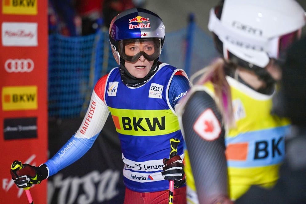 Fanny Smith of Switzerland reacts after a crash during the finals at the Ski Cross World Cup in Arosa, Switzerland, on Tuesday, December 14, 2021. (KEYSTONE/Gian Ehrenzeller)