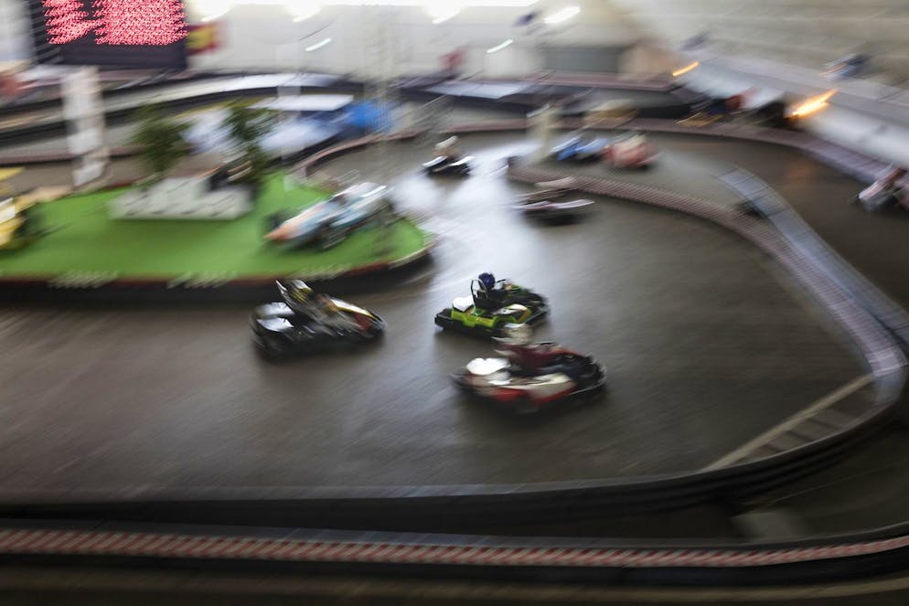 Go-karts pictured in a racing hall in Schlieren, Canton of Zurich, Switzerland, on April 27, 2016. (KEYSTONE/Gaetan Bally)