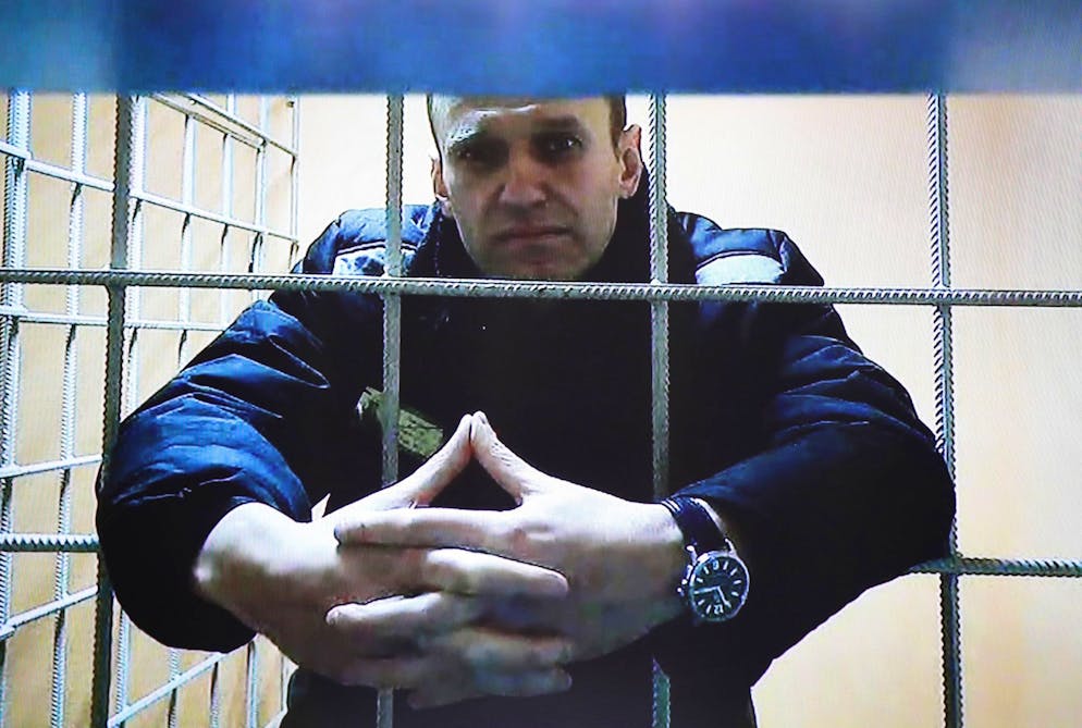 Alexei Navalny is delivered via video from prison during a court hearing.