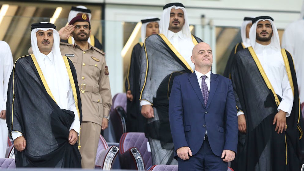 DOHA, QATAR - MAY 16: Qatari Emir Tamim bin Hamad Al Thani (L) and the president of FIFA Gianni Infantino (R) attend the inauguration of the Al Wakrah Stadium that will host the 2022 FIFA World Cup, on May 16, 2019 in Doha, Qatar.
(Photo by Mohammed Dabbous/Anadolu Agency/Getty Images)